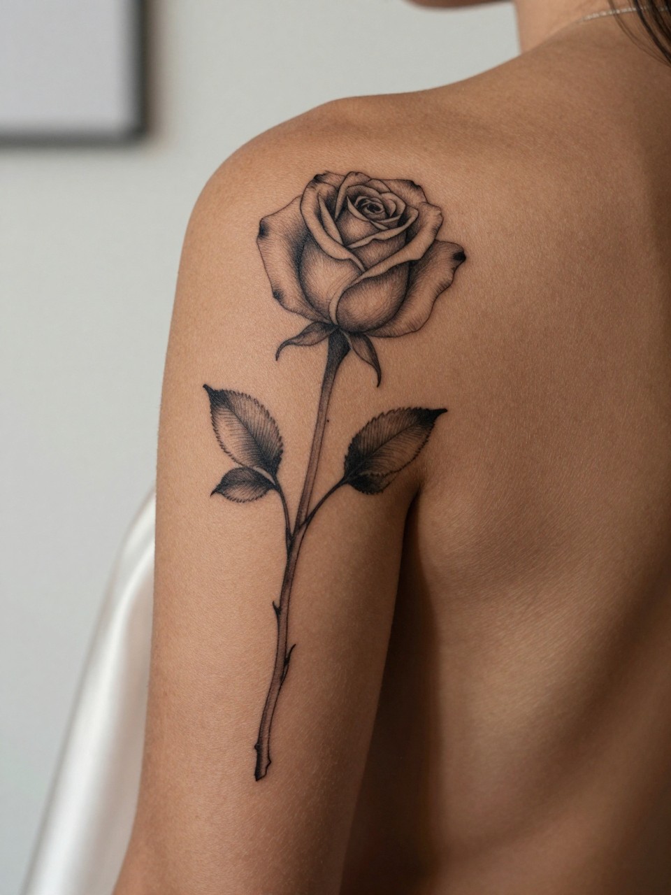 design-focused close-up of a rose stem spine tattoo on deep brown skin, black ink rose bloom with long delicate stem and leaves running down the back, fine line style with soft shading, realistic skin texture, satin fabric nearby, minimal blurred background, modern feminine tattoo inspiration photo (no watermarks on images)