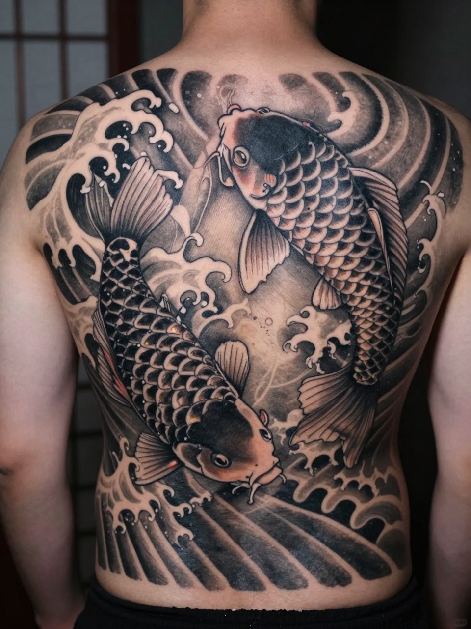 design-focused close-up of a full back Japanese koi fish tattoo on a man, two koi fish swimming through bold traditional waves, detailed scales, black and grey ink, strong linework, soft shading, realistic skin texture, dramatic back composition, minimal blurred background (no watermarks on images)