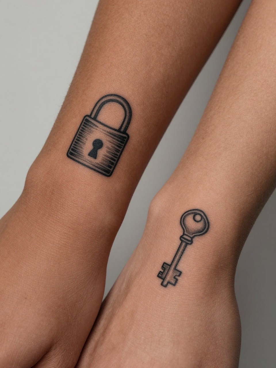 "macro shot of matching lock and key tattoos on rich brown skin, one small lock tattoo on one wrist and one tiny key tattoo on another hand, black ink, crisp fine line detail, realistic skin texture, tight crop, design-first tattoo composition, soft neutral background, modern inspiration image (no watermarks on images)"