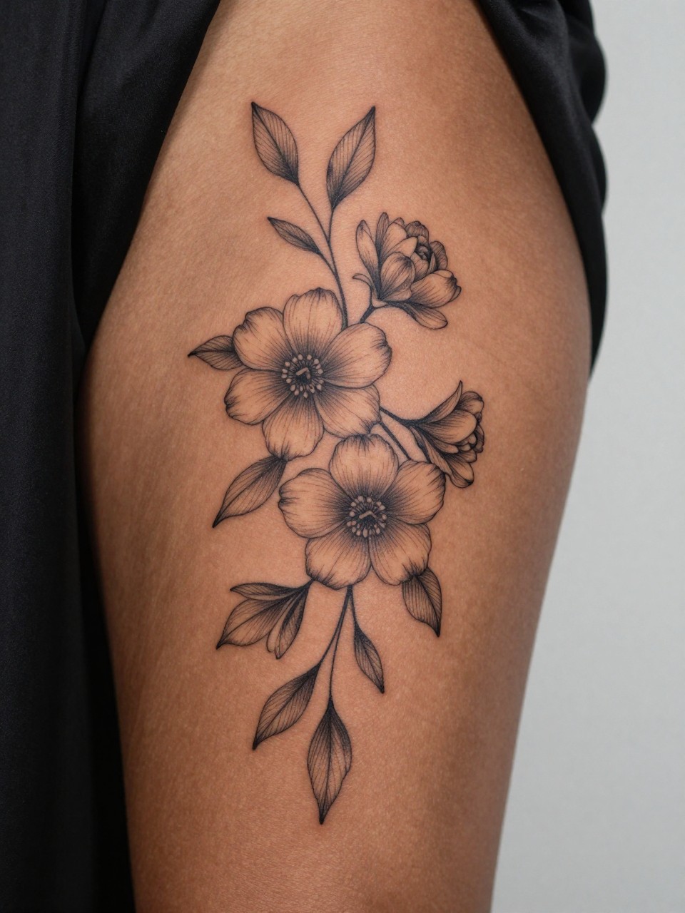 "extreme close-up of a floral vine tattoo on deep brown skin along the upper thigh, clean black ink, fine line leaves and blooming flowers, flowing feminine composition, realistic skin texture, satin robe edge visible, design-focused close-up, soft minimal background, modern tattoo inspiration photography (no watermarks on images)"