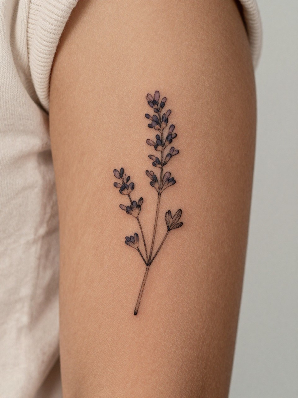  "extreme close-up of a small lavender stem tattoo on dark skin at the upper arm, fine line black ink, delicate buds and leaves, minimalist floral style, realistic skin texture, soft knit top edge, minimal background, design-focused feminine tattoo inspiration photography (no watermarks on images)"