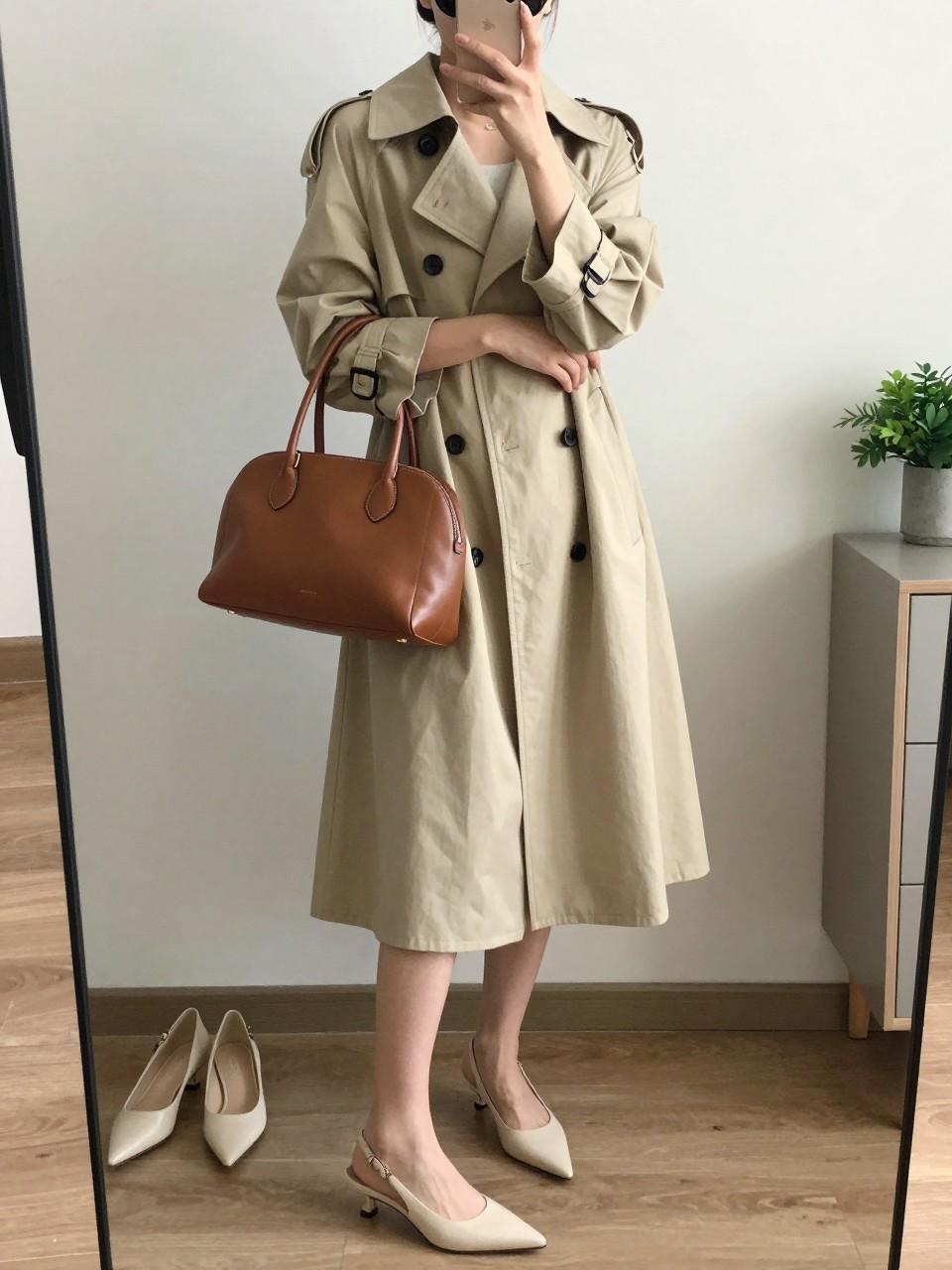 mirror selfie of a woman wearing the exact outfit described above, clearly showing a dusty beige trench-style cotton dress, cream slingback kitten heels, a smooth brown leather handbag, slim black-frame sunglasses, and hair in a neat low bun, holding a phone in front of a mirror, cropped at NECK so the face does not show, with a relaxed casual selfie pose, in a minimal dressing room, soft indoor lighting, including pair of heels on the floor nearby and small plant on a dresser, latest iPhone photo quality. (no watermarks on images)