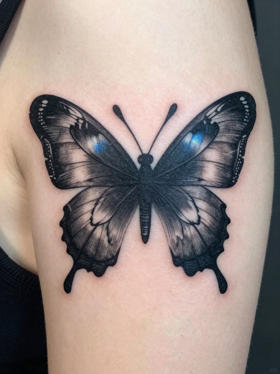 "Close-up of a collarbone tattoo: a butterfly shape built from layered, detailed raven feathers. Each feather is individually shaded in stark black and iridescent blue-grey."
