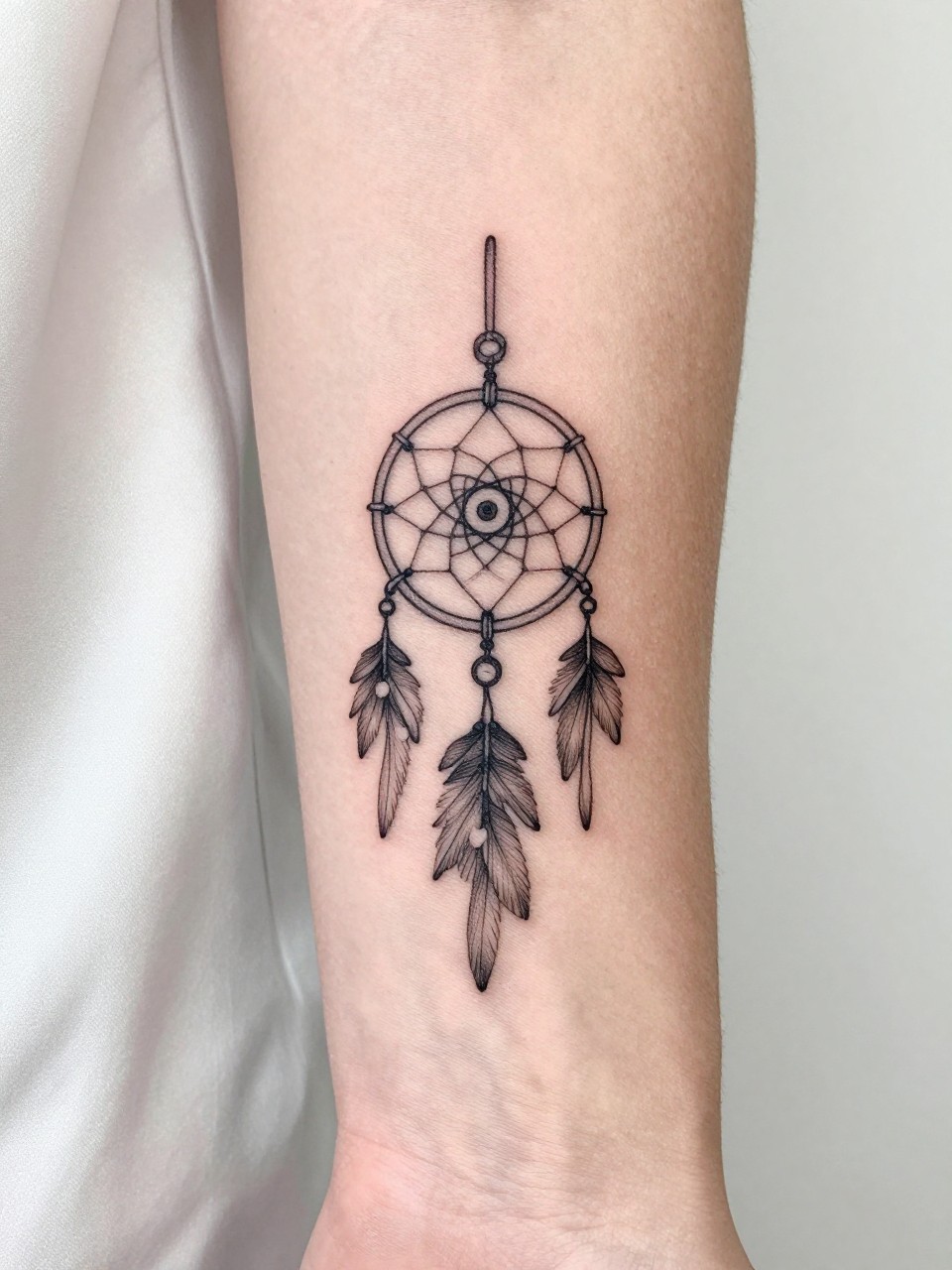  "extreme close-up of a dreamcatcher-inspired mini boho flash tattoo on women's forearm, black ink, fine line circular center with delicate hanging details, clean feminine boho style, realistic skin texture, satin fabric nearby, soft minimal background, design-focused modern tattoo inspiration photography (no watermarks on images)"
