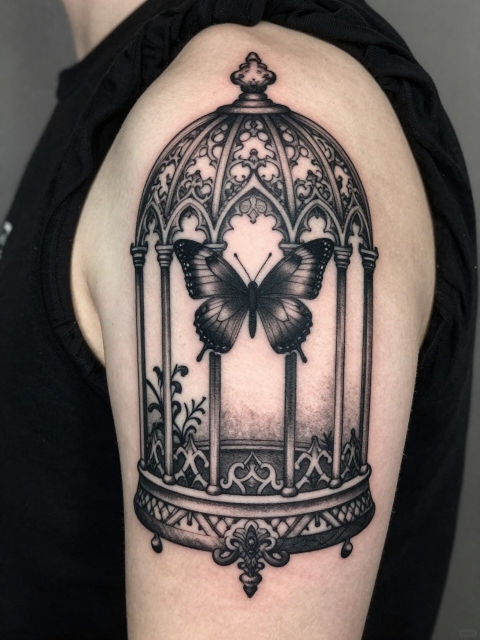 "Detailed view of a shoulder tattoo: an ornate gothic cage with sinister filigree, a solid black butterfly tattoo hovering within. Heavy blackwork with fine decorative details."