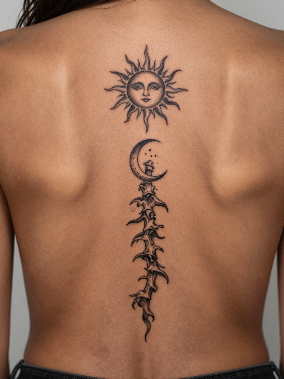 macro shot of a sun and moon spine tattoo on deep brown skin, black ink celestial symbols arranged vertically down the back, fine line detail with soft shading, elegant feminine composition, realistic skin texture, open-back blouse visible, tight crop, design-first tattoo inspiration image (no watermarks on images)