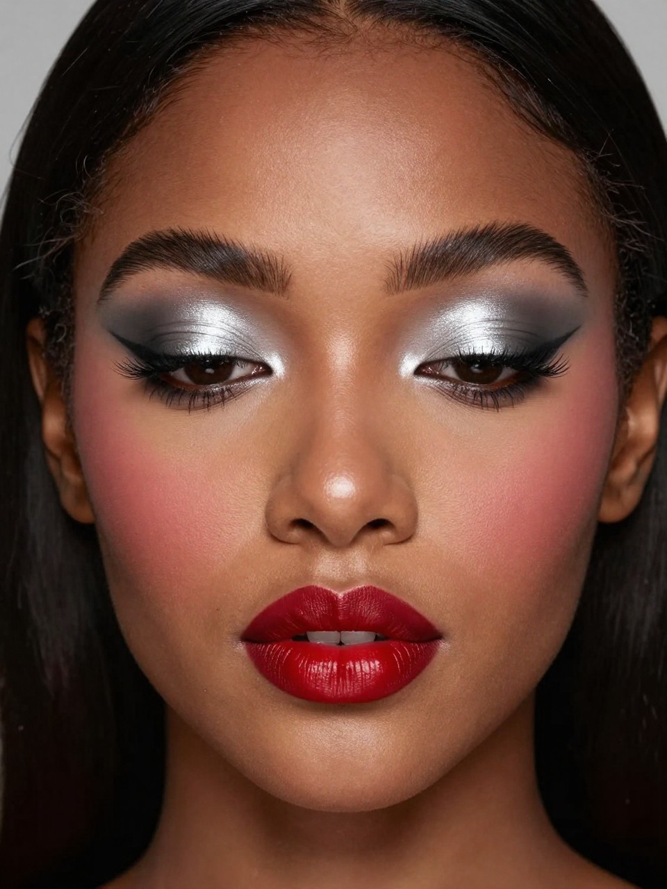 Super realistic close-up beauty portrait of a black woman wearing cool silver shimmer eyeshadow with soft gray crease shaping and light charcoal outer-corner depth, black pencil liner, separated volumized lashes, soft cool-rose blush, classic ruby red cream lipstick, polished brows, realistic skin texture with a smooth satin finish, shot from a front-facing beauty portrait, with cool diffused studio lighting that clearly reveals the silver lid shimmer, bold ruby lip color, and skin texture, sleek straight hair, minimal silver-gray background, feminine modern beauty photography, latest iPhone photo quality.