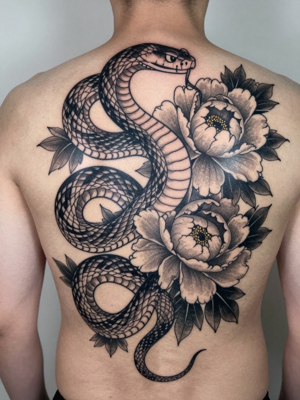 "extreme close-up of a full back Japanese snake and peony tattoo on a man, large coiled snake moving through blooming peonies, black and grey ink, bold linework, soft floral shading, realistic skin texture, design-focused tattoo inspiration photography, soft neutral background (no watermarks on images)"