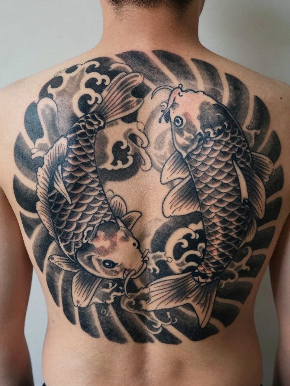 macro shot of a full back Japanese dual koi tattoo on a man, two koi fish circling in yin-yang style with wave filler, black and grey ink, detailed scales, strong traditional linework, soft shading, realistic skin texture, dramatic back composition, soft neutral background (no watermarks on images)