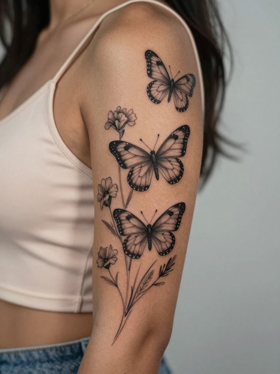 design-focused close-up of a butterfly and wildflower sleeve tattoo on dark skin, multiple butterflies and delicate wildflowers along the arm, black ink with soft grey shading, fine line detail, realistic skin texture, satin strap visible, tight crop, minimal blurred background, feminine modern tattoo inspiration photo (no watermarks on images)