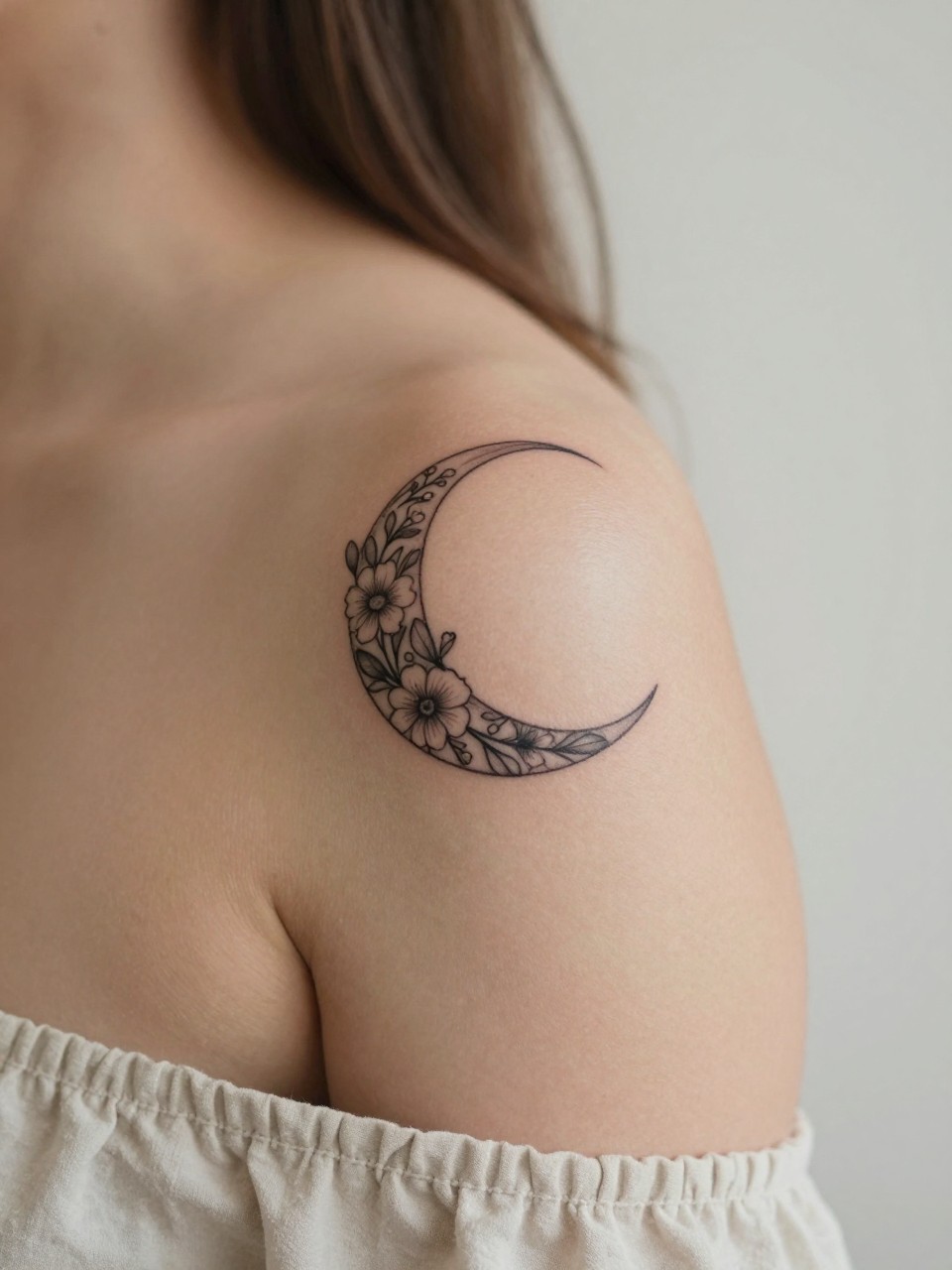 extreme close-up of a floral crescent moon tattoo on women's shoulder, black ink, fine line moon shape with tiny flowers and leaves, delicate earthy boho hippie style, realistic skin texture, off-shoulder top visible, soft minimal background, design-focused feminine tattoo inspiration photography (no watermarks on images)