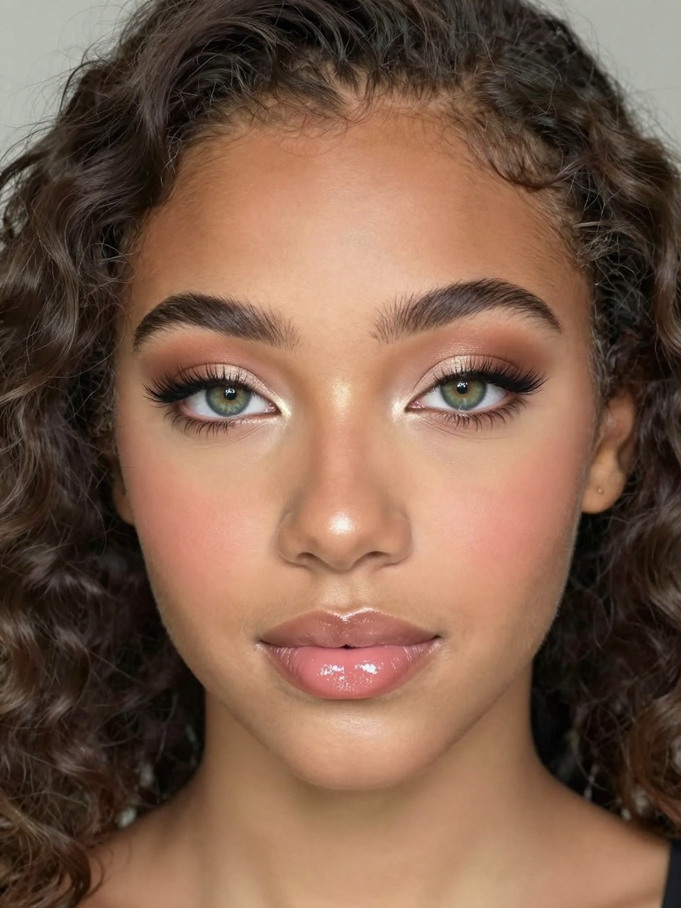 Super realistic close-up beauty portrait of a young black girl with striking green eyes wearing cute prom makeup, featuring soft taupe crease shading, beige lids, pale shimmer inner-corner brightness, naturally lifted lashes, beige-rose blush, ultra-clear glossy lips, softly brushed brows, realistic skin texture with a fresh luminous finish, shot from a front-facing beauty portrait, with soft natural-inspired prom lighting that clearly reveals the taupe eye shaping, green eyes, and clear gloss shine, loose elegant curls framing the face, blurred refined neutral background, feminine modern beauty photography, latest iPhone photo quality.