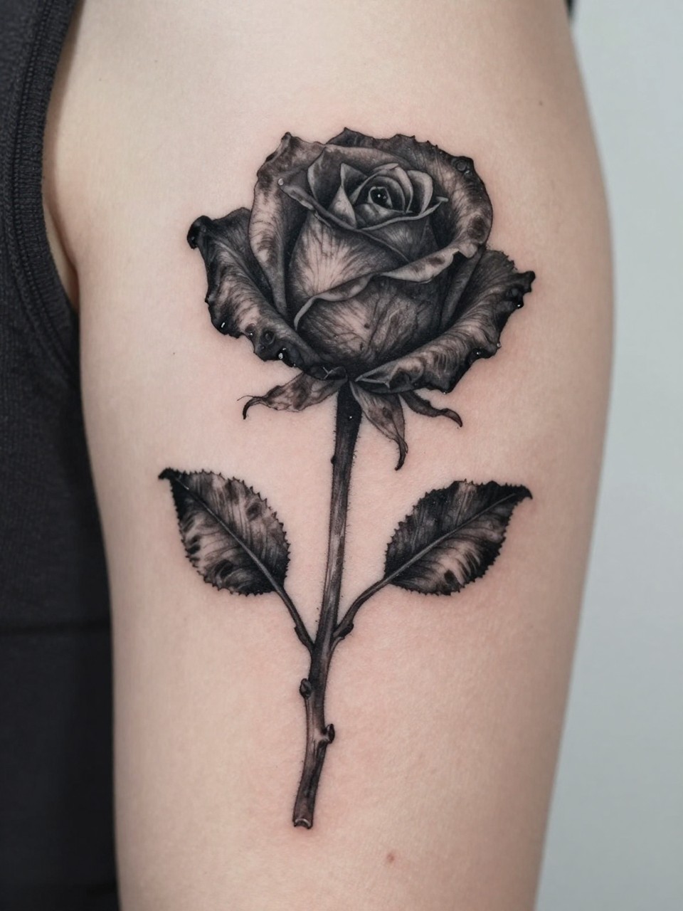 "extreme close-up of a wilted black rose tattoo on skin, drooping dark petals, delicate stem, soft grey shading, emotional floral design, realistic skin texture, satin ribbon nearby, design-first composition, soft minimal background, modern tattoo inspiration photography (no watermarks on images)"