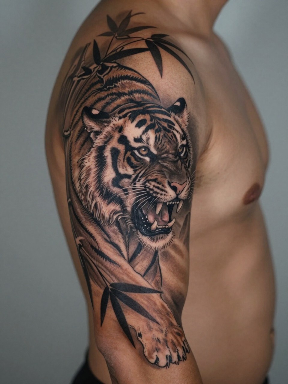 design-focused close-up of a tiger and bamboo full sleeve tattoo on rich brown skin, roaring tiger face, bamboo leaves and stalks, black and grey ink, smooth shading, bold linework, realistic skin texture, tight crop, masculine styling, soft blurred background, modern tattoo inspiration photo (no watermarks on images)