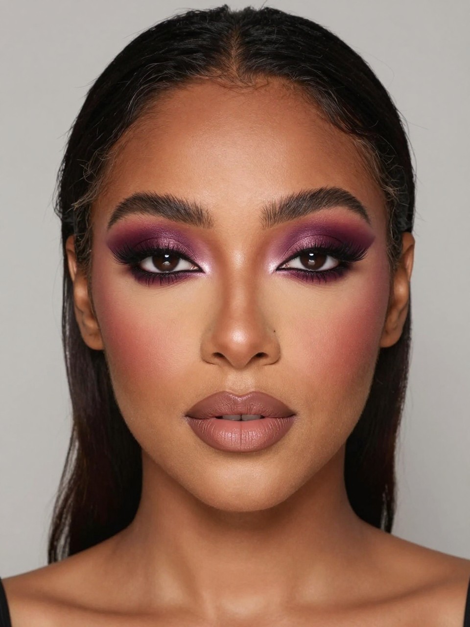 Super realistic close-up beauty portrait of a black latina woman wearing rich plum eye makeup with mauve and espresso depth, dark brown plum liner, muted berry rose blush, nude brown cream lips, and bold lifted lashes, shot from a front-facing portrait, with soft studio lighting that clearly reveals the makeup texture and color, realistic skin texture, softly styled hair, minimal background, feminine modern beauty photography, latest iPhone photo quality.