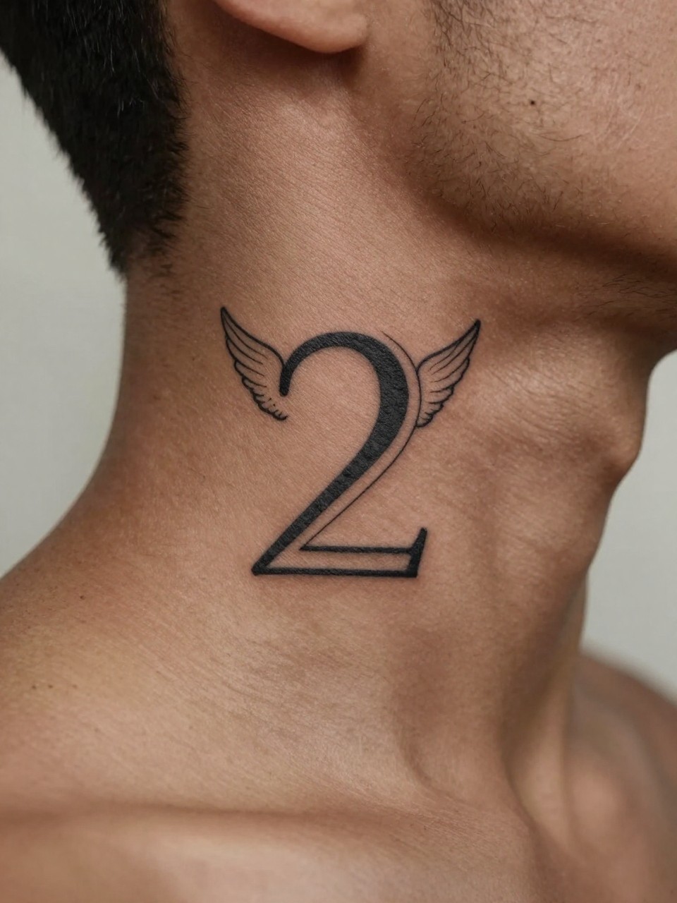 "macro shot of an angel number tattoo on rich brown skin at the side neck, clean black ink numbers, fine line minimalist style, sharp masculine look, realistic skin texture, trimmed beard edge, tight crop, design-first composition, soft neutral background, tattoo inspiration image (no watermarks on images)"