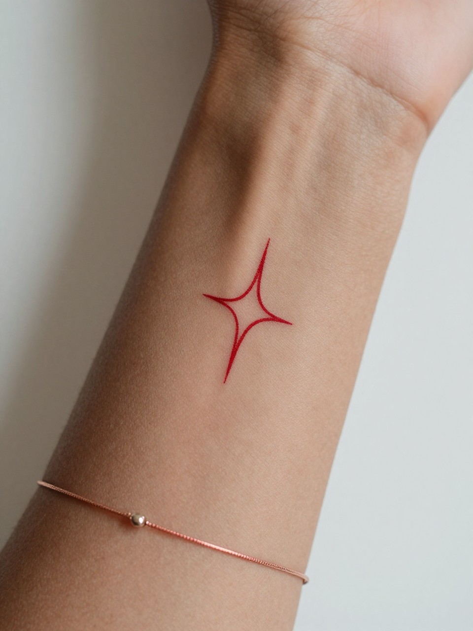 "close-up of a tiny red sparkle tattoo on dark skin at the wrist, crisp red ink, fine line pointed sparkle shape, minimalist style, realistic skin texture, delicate bracelet, tight crop, soft blurred background, design-focused feminine tattoo photography (no watermarks on images)"
