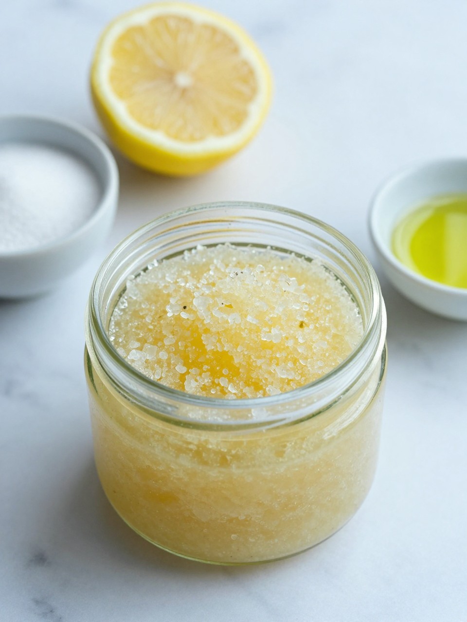 A realistic close-up photo of a small glass jar filled with lemon sugar hand scrub on a clean white marble countertop. A cut lemon, a bowl of sugar, and a small dish of olive oil are arranged neatly around the jar. Bright cool-toned natural light, crisp detail, realistic texture, clean minimal setup, strong focus on the scrub texture and fresh lemon details, no people, no text, (no watermarks on images)