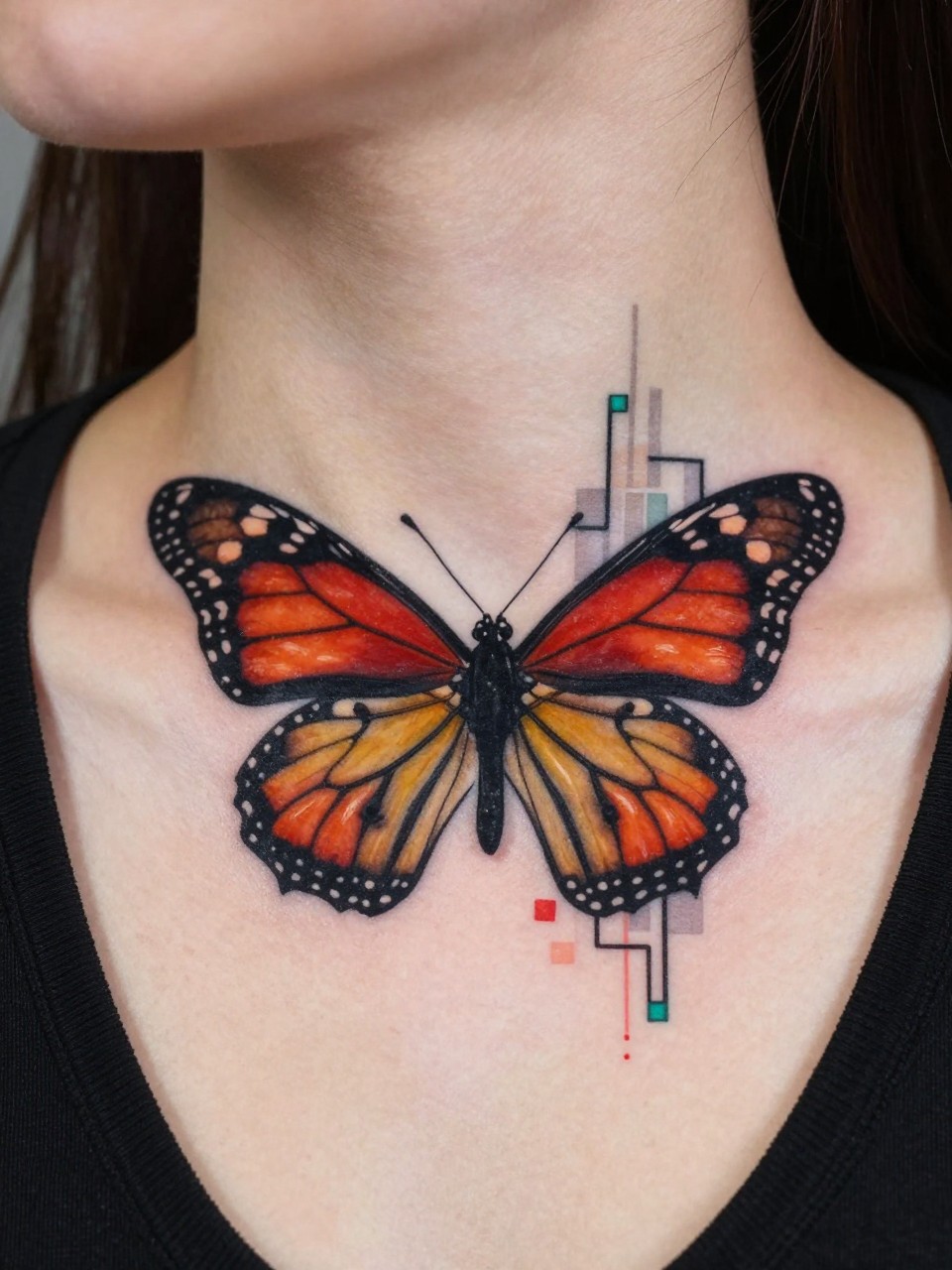  "Close-up of the collarbone/neck area: a monarch butterfly tattoo with a section pixelated or glitching into abstract cubes and lines. Futuristic and eye-catching."