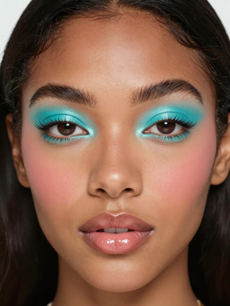 Super realistic close-up beauty portrait of a black woman wearing Y2K-inspired bright aqua shimmer concentrated at the inner corners and front of the lids, otherwise clean neutral eyes, peachy pink blush, clear ultra-shiny gloss lips, softly lengthened lashes, lightly highlighted nose bridge, realistic satin skin texture, thin softly arched brows, shot from a front-facing beauty portrait, with crisp soft vanity lighting that clearly reveals the aqua color placement, glassy lip shine, and skin texture, straight side-parted hair, softly blurred white background, feminine modern beauty photography, latest iPhone photo quality.