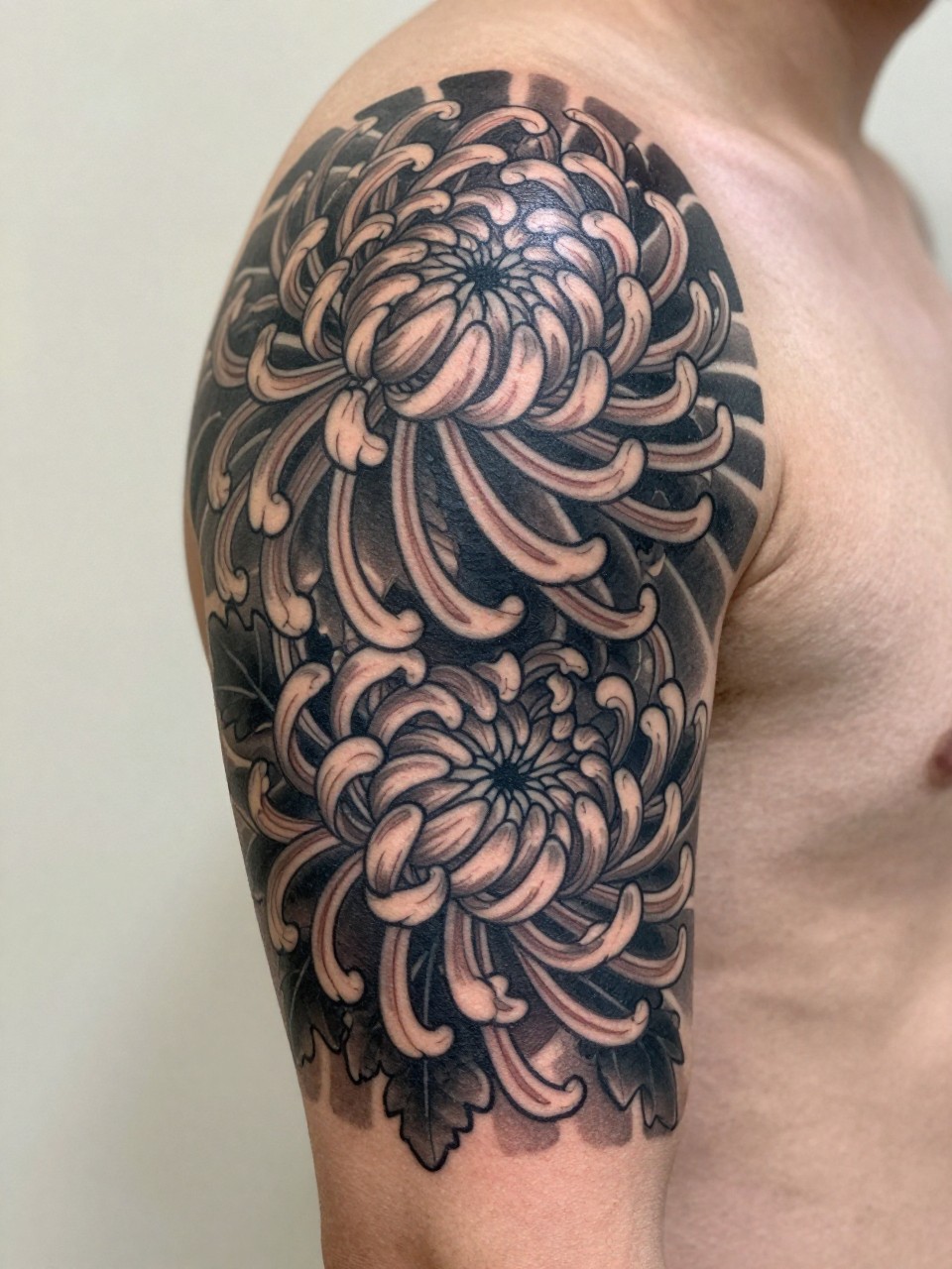 extreme close-up of a Japanese chrysanthemum armband tattoo on a man's upper arm, layered chrysanthemum blooms wrapping around the arm, black and grey ink, bold floral structure, crisp traditional linework, realistic skin texture, soft minimal background, design-focused tattoo inspiration photography (no watermarks on images)