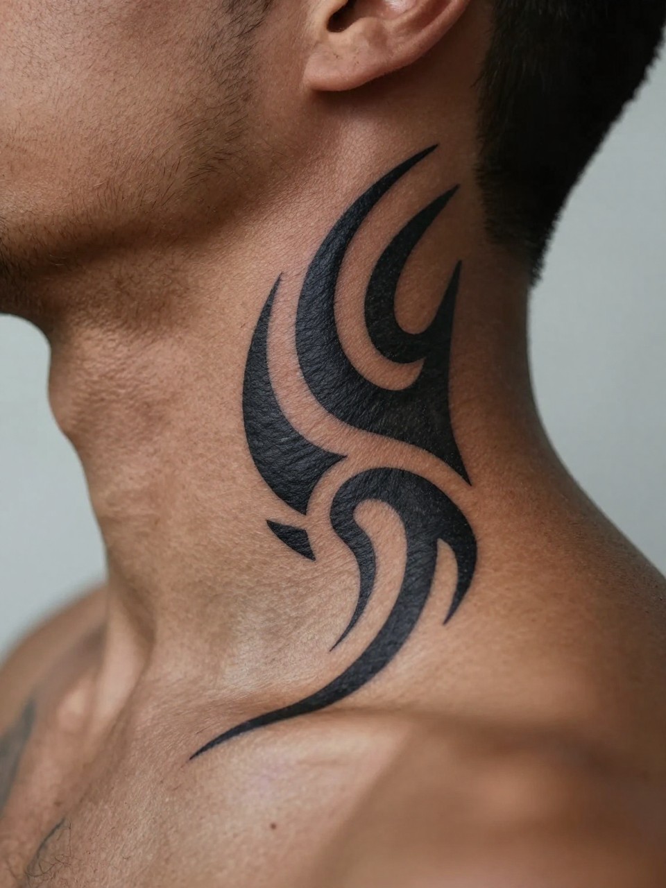 "macro shot of a tribal-inspired neck tattoo on deep brown skin, bold black ink shapes and curved pattern flowing along the side neck, clean strong contrast, masculine statement design, realistic skin texture, haircut and beard line visible, design-first close-up, minimal blurred background, tattoo inspiration image (no watermarks on images)"