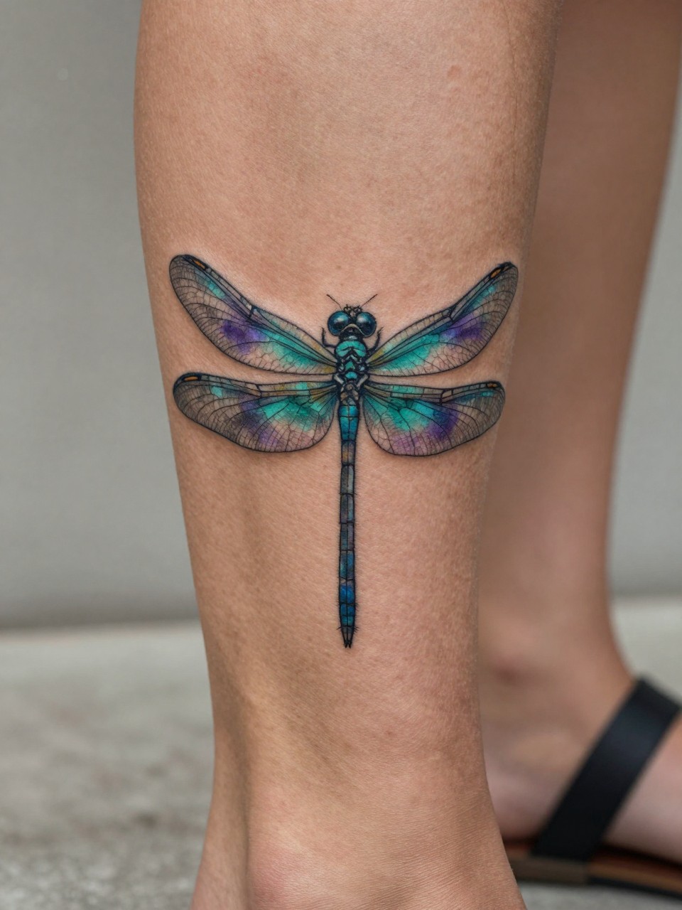 design-focused close-up of a colorful dragonfly tattoo on dark skin at the shin, teal purple and blue wings, fine line body detail, soft blended shading, realistic skin texture, heel strap nearby, minimal blurred background, modern feminine tattoo inspiration photo (no watermarks on images)