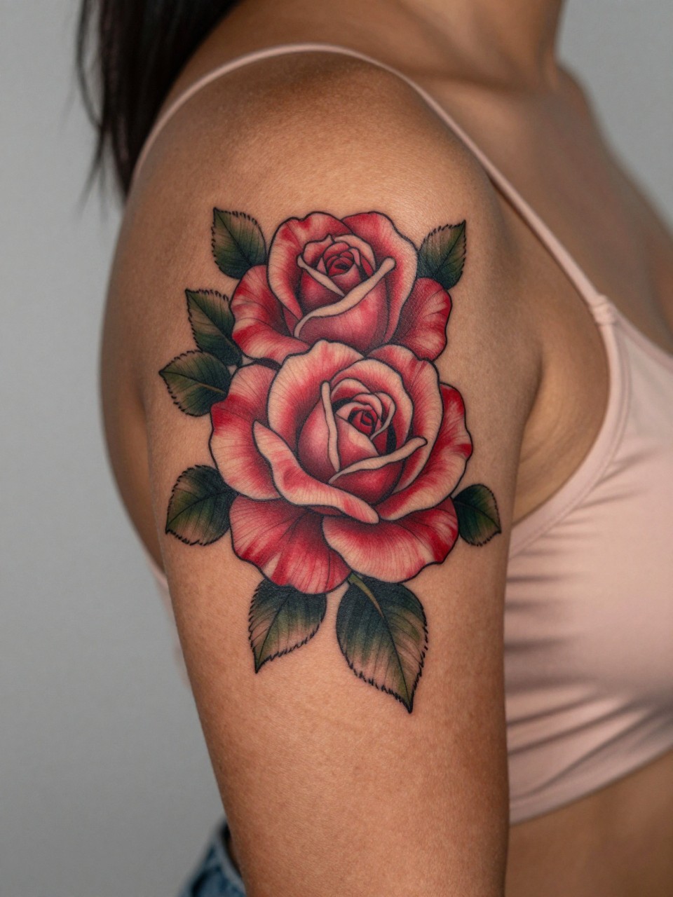 design-focused close-up of a red and pink rose cluster tattoo on dark skin at the upper arm, rich floral color, soft green leaves, clean black outline, smooth shading, realistic skin texture, satin strap visible, tight crop, minimal blurred background, feminine modern tattoo inspiration photo (no watermarks on images)