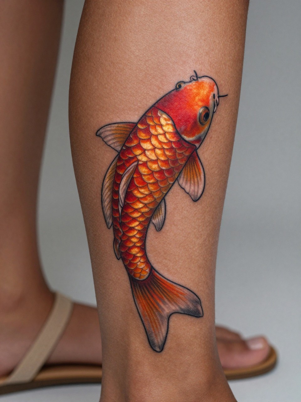 design-focused close-up of a colorful koi fish tattoo on rich brown skin at the calf, orange red and gold scales, flowing fins, soft water detail, clean linework, realistic skin texture, sandal strap nearby, minimal blurred background, modern feminine tattoo inspiration photo (no watermarks on images)