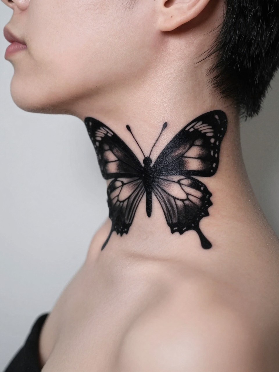  "Profile shot of the neck: a large, solid black butterfly tattoo silhouette covering the side of the neck from jaw to shoulder. High-contrast, graphic, and striking."
