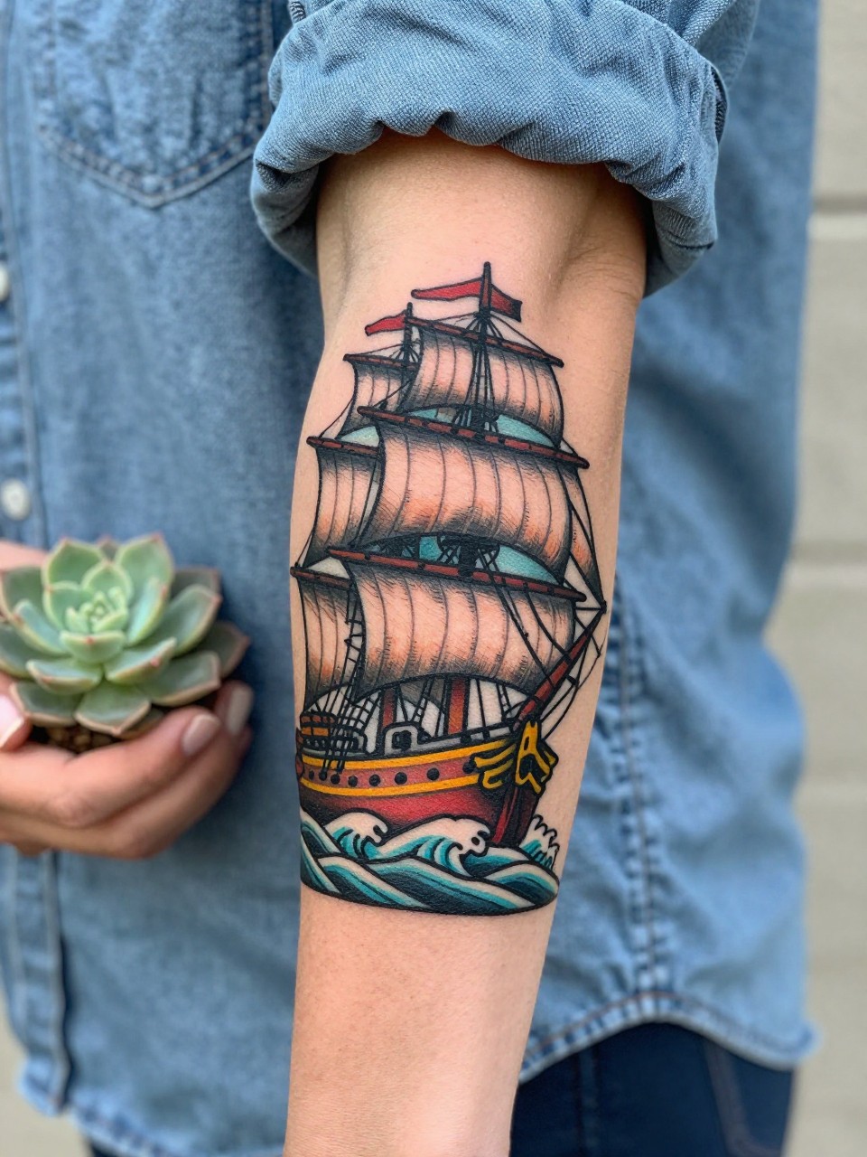 Image Prompt: "Close-up of a bold traditional clipper ship tattoo on the forearm. Full sails, waves below. Heavy black outlines and limited color. She's wearing a chambray shirt with sleeves rolled. She's holding a small succulent plant near the tattoo."