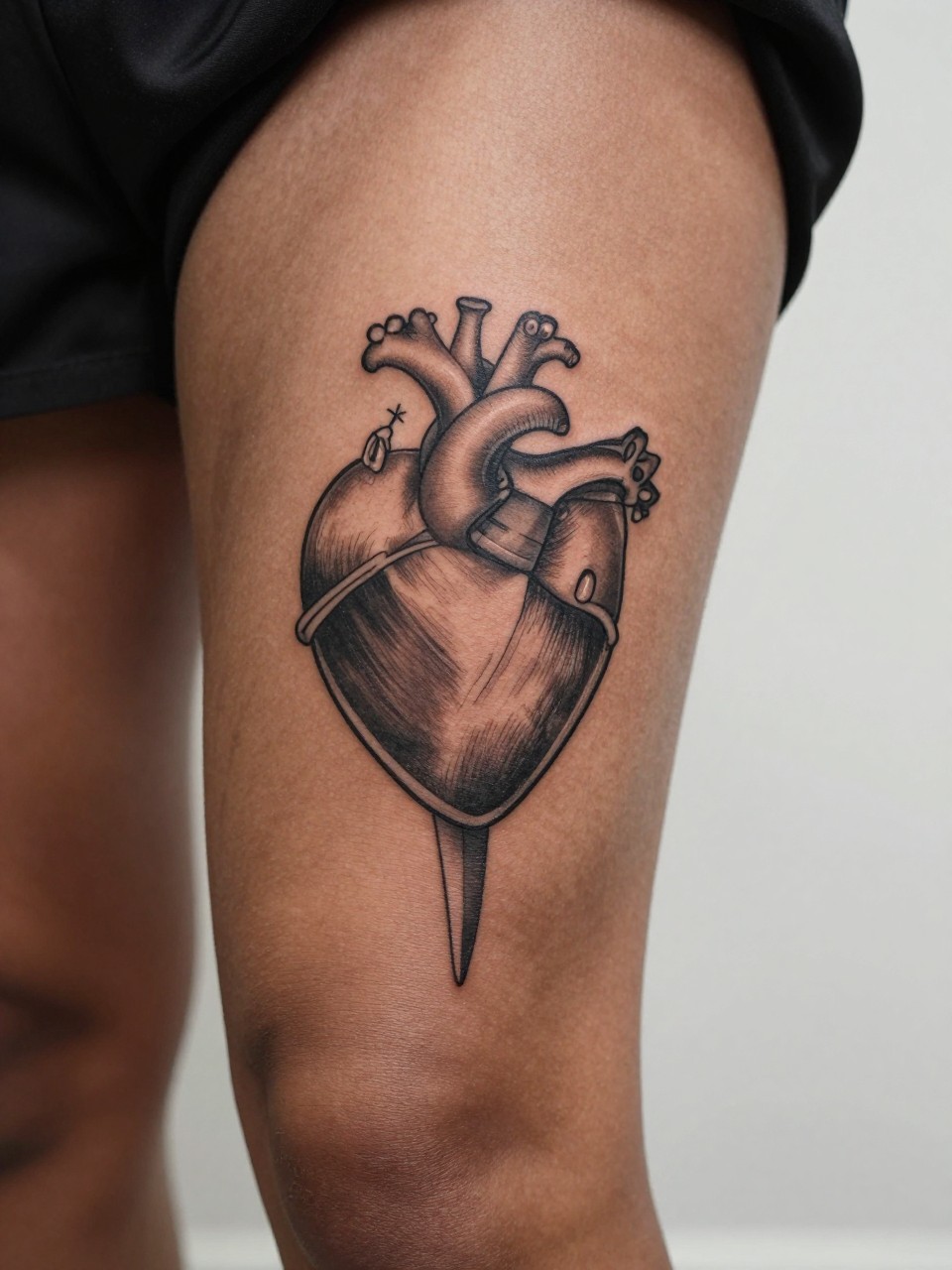 "close-up of a heart and dagger tattoo on deep brown skin at the thigh, black ink, clean outline, soft shading, balanced bold design, realistic skin texture, satin robe edge visible, design-focused close-up, minimal soft background, modern tattoo inspiration image (no watermarks on images)"
