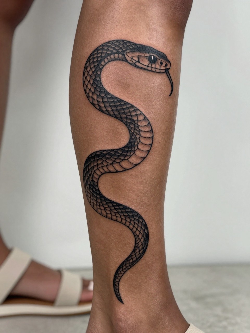 "design-focused close-up of a snake tattoo wrapped around the lower leg on deep brown skin, black ink with soft grey shading, clean scales and curved body, bold linework, realistic skin texture, neutral sandal detail nearby, minimal background, modern tattoo inspiration photo (no watermarks on images)"