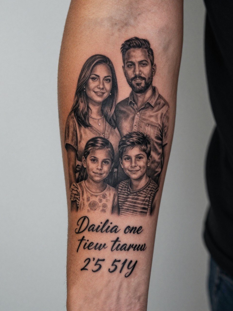 macro shot of a family portrait and script full sleeve tattoo on dark skin, realistic portrait details, script names and dates, black and grey ink, soft shading, clean composition across the arm, realistic skin texture, design-first tattoo image, minimal neutral background, modern masculine tattoo inspiration (no watermarks on images)