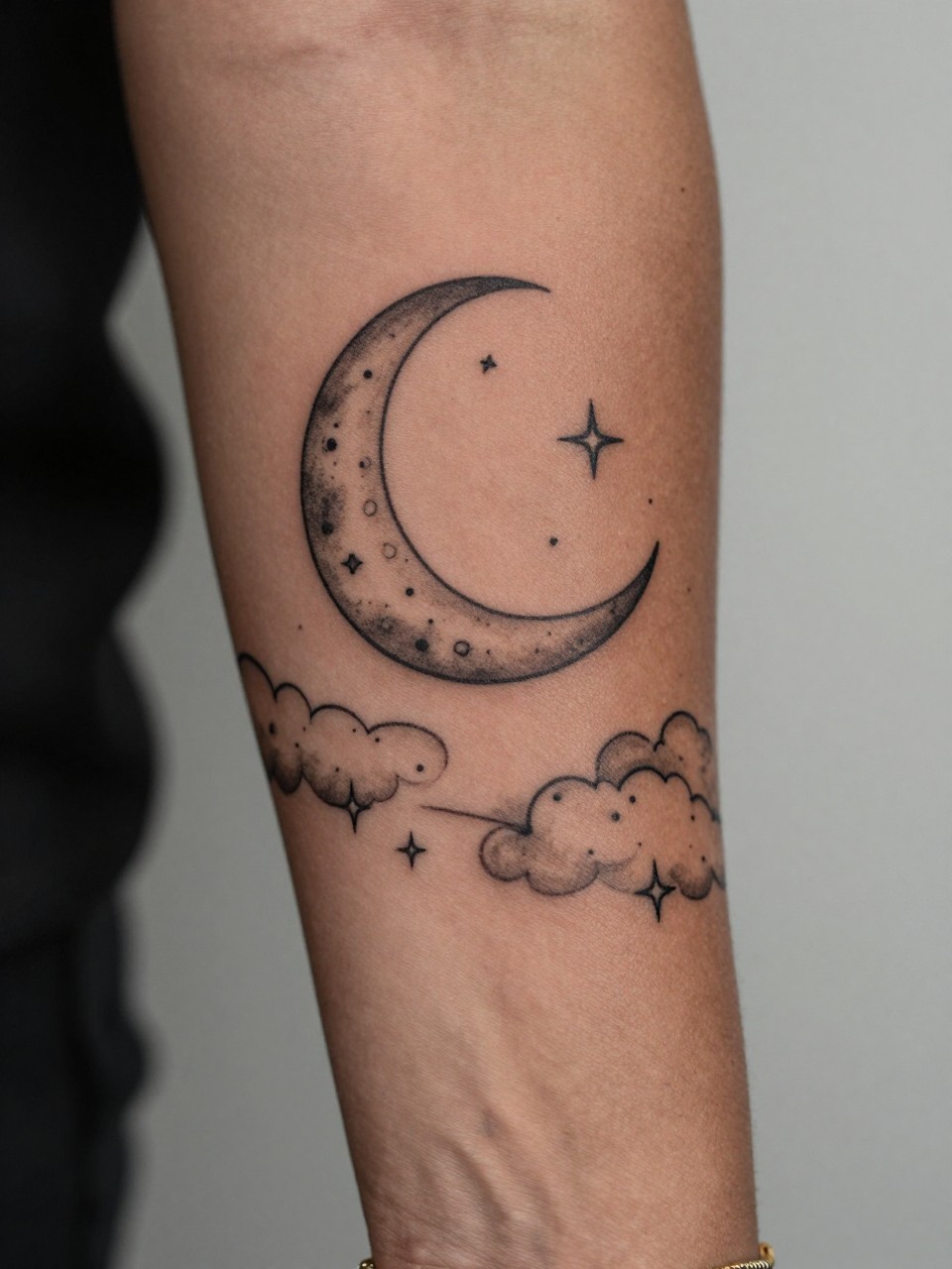 extreme close-up of a moon stars and clouds sleeve tattoo on dark skin, crescent moon, tiny stars, and soft cloud forms covering the arm, black ink, fine line detail with gentle shading, realistic skin texture, delicate gold bracelet visible, soft blurred background, design-focused feminine tattoo inspiration photography (no watermarks on images)