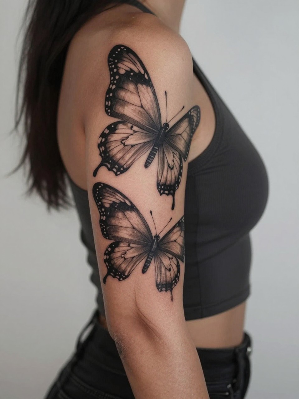 design-focused close-up of a large butterfly sleeve tattoo on dark skin, oversized butterfly wings layered across upper arm and forearm, black ink with soft grey shading, elegant detail, realistic skin texture, sleeveless top visible, tight crop, minimal soft background, modern feminine tattoo inspiration photo (no watermarks on images)