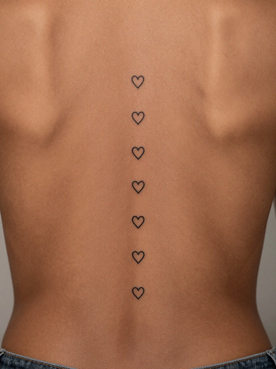 macro shot of tiny heart tattoos down the spine on rich brown skin, clean black ink, small evenly spaced heart outlines, minimalist feminine style, realistic skin texture, backless top visible, tight crop, design-first composition, soft neutral background, tattoo inspiration image (no watermarks on images)