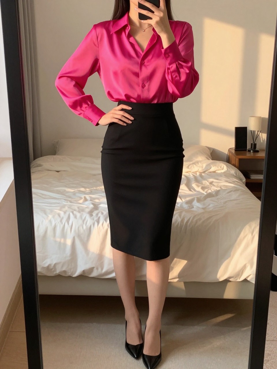 iPhone mirror selfie of a woman in a bright fuchsia silk blouse tucked into a black pencil skirt with black pumps, one hand on hip, cropped at NECK so face doesn't show, in a feminine-themed bedroom, evening golden hour, iPhone photo quality.