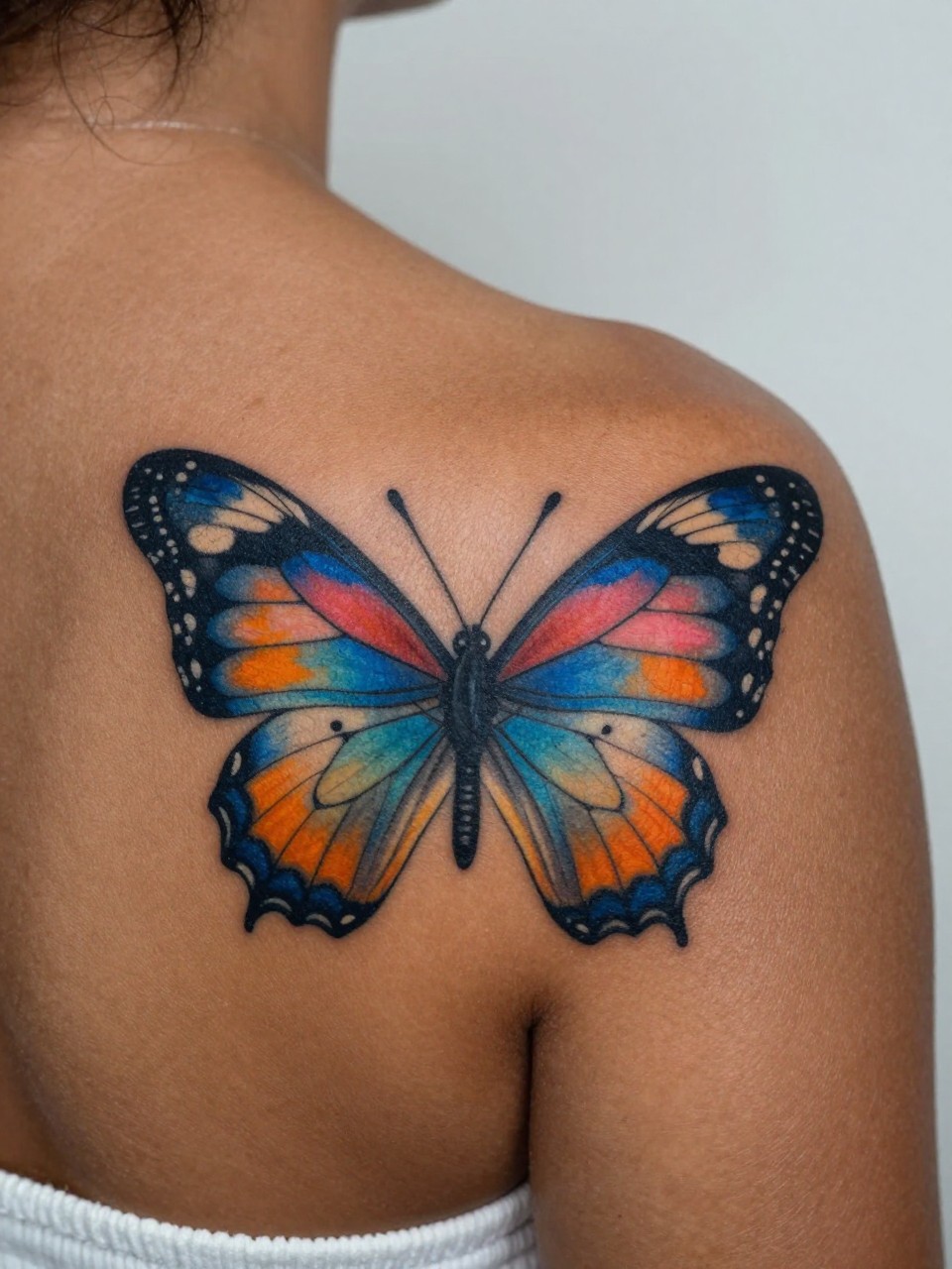 extreme close-up of a bright butterfly tattoo on deep brown skin at the shoulder, rich blue, orange, and pink tones, clean linework, soft shading, detailed wings, realistic skin texture, off-shoulder top visible, design-focused close-up, soft minimal background, modern feminine tattoo inspiration photography (no watermarks on images)