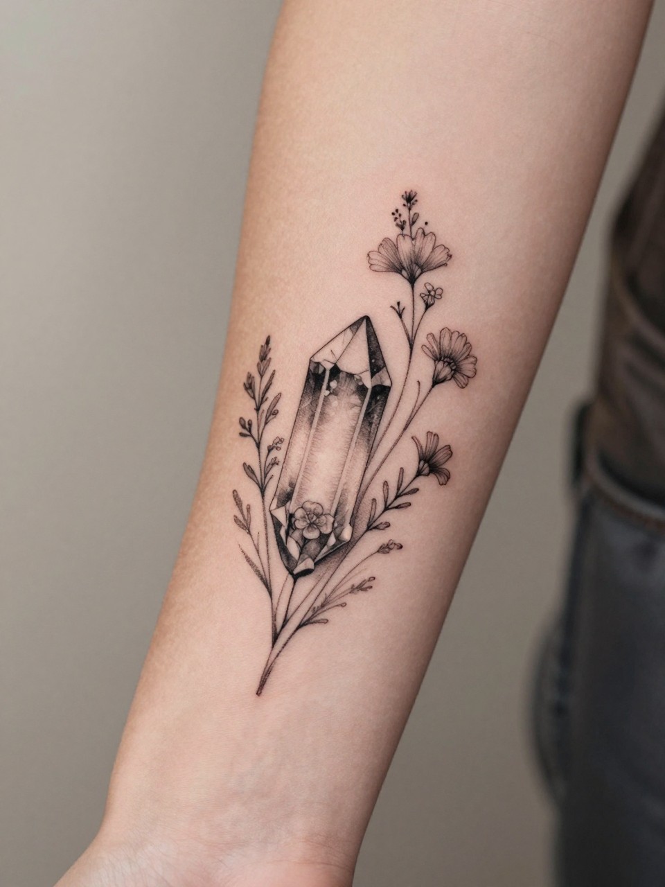 "close-up of a boho flash tattoo featuring a crystal and wildflowers on women's forearm, black ink, fine line crystal point, tiny floral details, delicate earthy boho style, realistic skin texture, satin fabric nearby, design-focused close-up, blurred neutral background, modern tattoo photography (no watermarks on images)"
