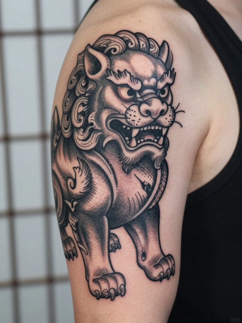 design-focused close-up of a traditional Japanese Foo Dog tattoo on the upper arm, guardian lion-dog face, curled fur details, black and grey ink, strong bold linework, smooth shading, realistic skin texture, minimal blurred background, modern tattoo inspiration photo (no watermarks on images)
