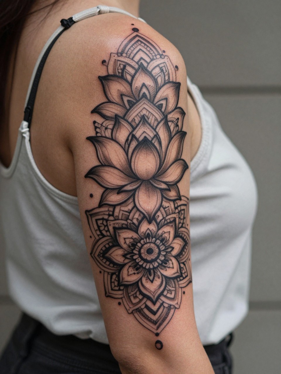 close-up of a lotus and mandala sleeve tattoo on dark skin, layered lotus flowers and geometric mandala details flowing down the arm, black ink, soft dotwork accents, clean symmetrical linework, realistic skin texture, silk blouse strap visible, design-focused close-up, neutral background, feminine tattoo inspiration image (no watermarks on images)