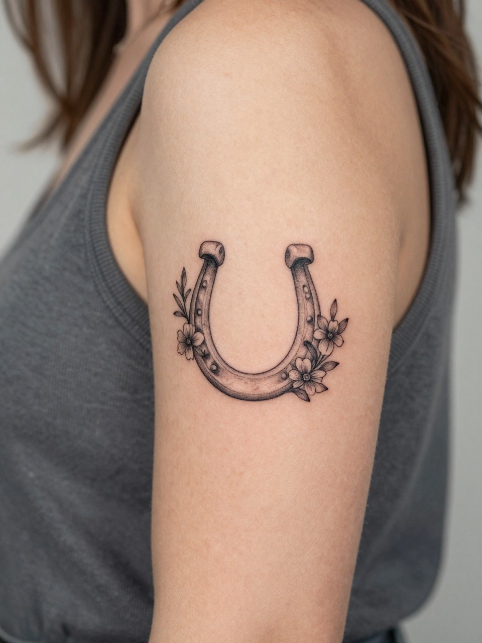  "design-focused close-up of a floral horseshoe boho flash tattoo on women's upper arm, black ink, fine line horseshoe, tiny flower and leaf accents, delicate earthy boho style, realistic skin texture, sleeveless top visible, minimal blurred background, modern feminine tattoo inspiration photo (no watermarks on images)"