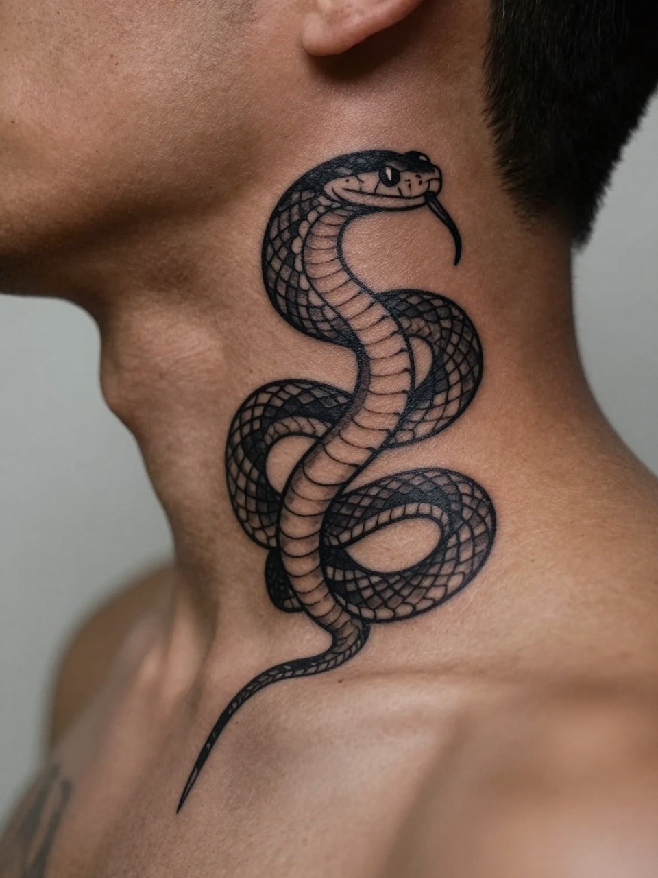"design-focused close-up of a snake tattoo along the neck on deep brown skin, black ink with soft grey shading, curved body, scale detail, bold clean linework, masculine statement design, realistic skin texture, haircut edge visible, minimal blurred background, modern tattoo inspiration photo (no watermarks on images)"