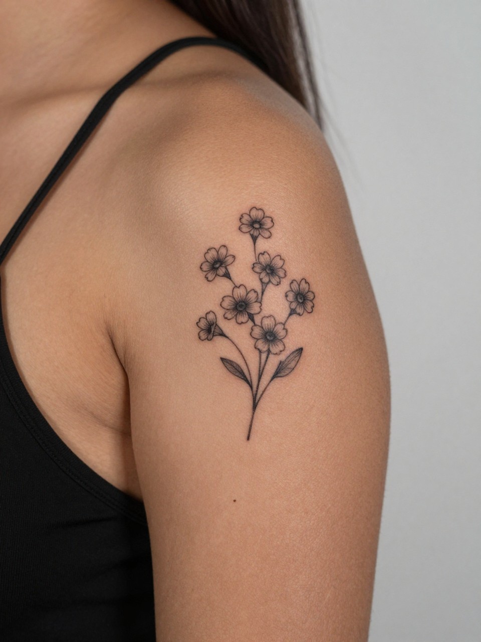  "design-focused close-up of a small flower cluster tattoo on dark skin at the upper arm, tiny black ink blooms, fine line petals, soft minimal detail, realistic skin texture, satin strap visible, tight crop, feminine modern tattoo inspiration photo, clean blurred background (no watermarks on images)"