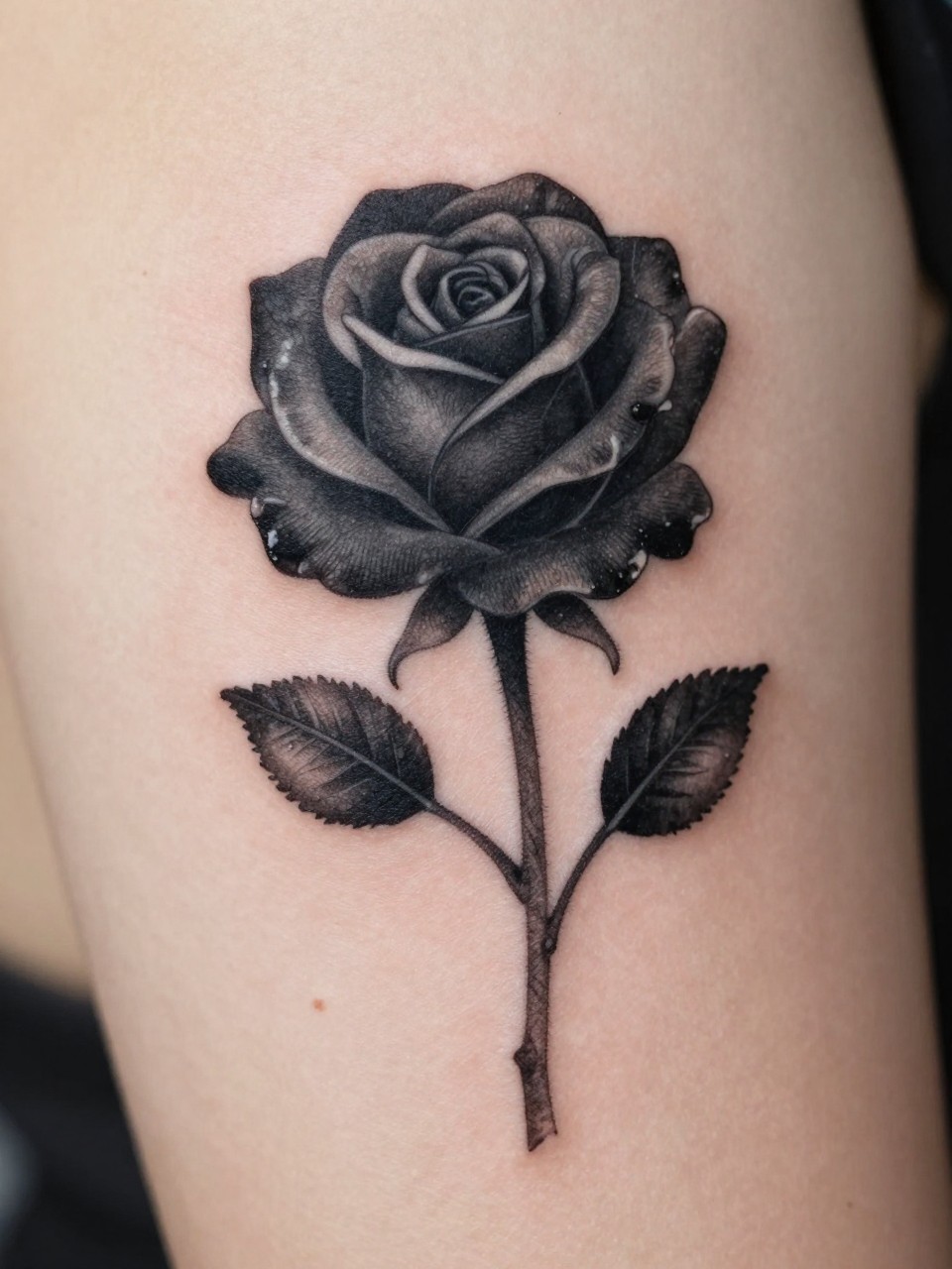  "macro shot of a black rose and script word tattoo on skin, deep black flower with fine line cursive text, soft shading, elegant balanced composition, realistic skin texture, design-focused close-up, soft neutral background, modern tattoo inspiration image (no watermarks on images)"