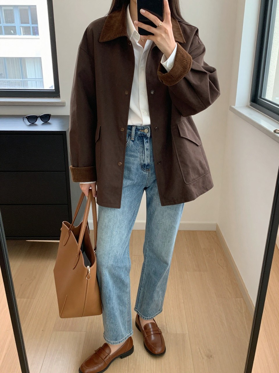 mirror selfie of a woman wearing the exact outfit described above, clearly showing a chocolate brown boxy-fit barn jacket with corduroy trim, white cotton button-up shirt, light-wash high-waisted jeans, brown loafers, and a structured tan tote bag, holding a phone in front of a mirror, cropped at NECK so the face does not show, with a relaxed casual selfie pose, in a stylish city apartment, natural window light, including sunglasses placed on a dresser and a tote bag resting on the floor, latest iPhone photo quality.