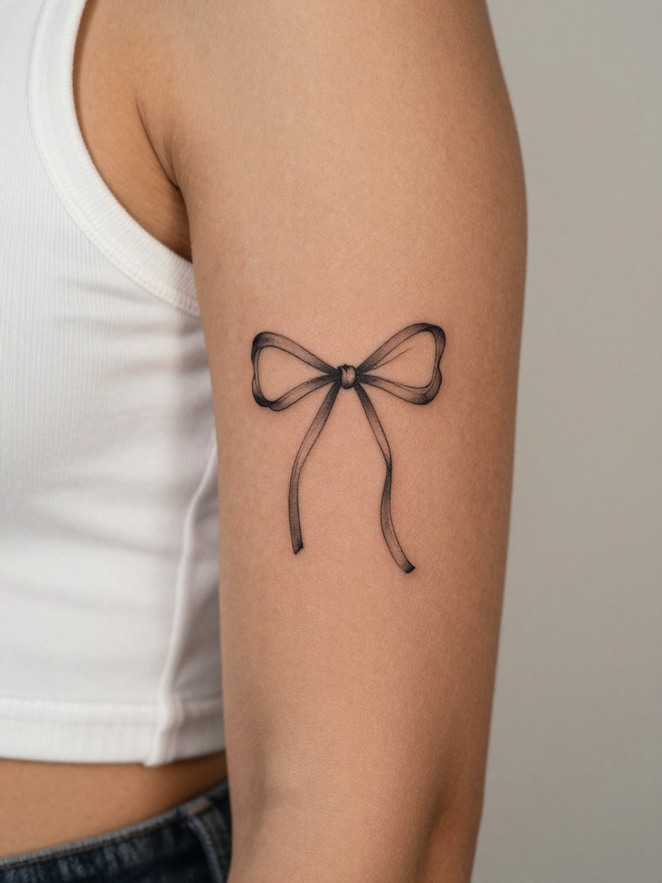 "macro shot of a small bow tattoo on rich brown skin at the upper arm, clean black ink, fine line ribbon loops, tiny minimalist design, realistic skin texture, sleeveless blouse visible, tight crop, soft neutral background, design-first feminine tattoo inspiration image (no watermarks on images)"