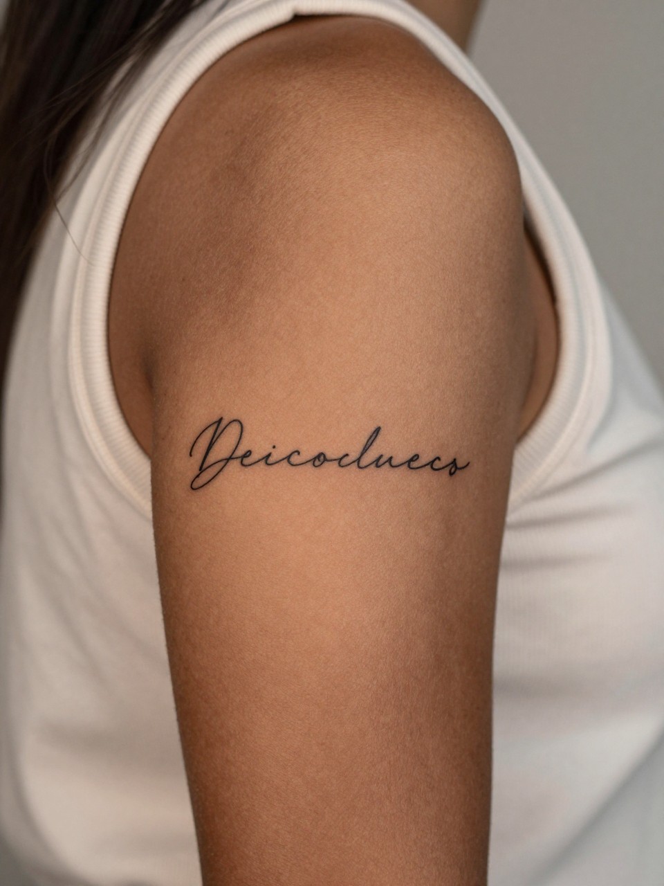 "design-focused close-up of a small script word tattoo on rich brown skin at the upper arm, clean black ink, fine line cursive lettering, tiny elegant style, realistic skin texture, sleeveless blouse, soft blurred background, modern feminine tattoo inspiration image (no watermarks on images)"