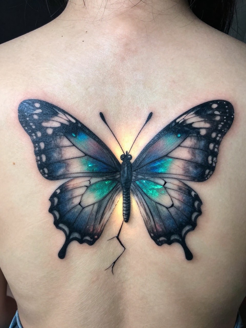 "Macro photograph of a back piece tattoo: a butterfly tattoo with leaded lines, in deep jewel tones, featuring a prominent crack through its center. Light appears to glow from behind."